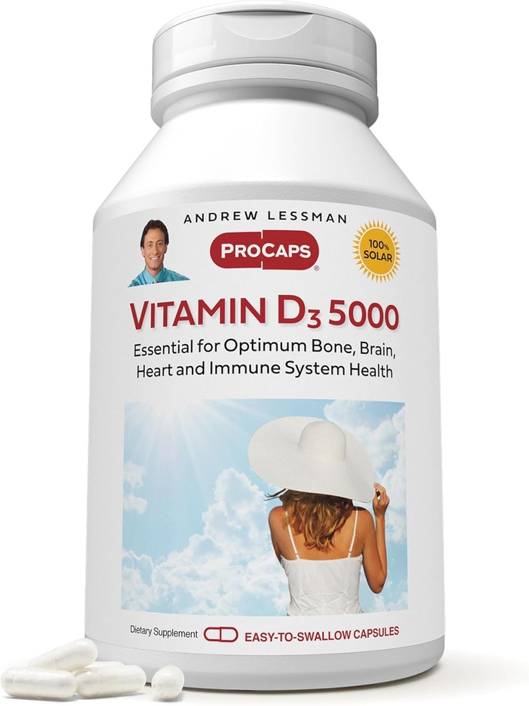ANDREW LESSMAN Vitamina D3 5000 IU 180 capsule - Alta potenza, Essenziale per l'assorbimento del calcio, Supporta la salute del chiodo, la funzione muscolare sana, il sistema immunitario, di più.