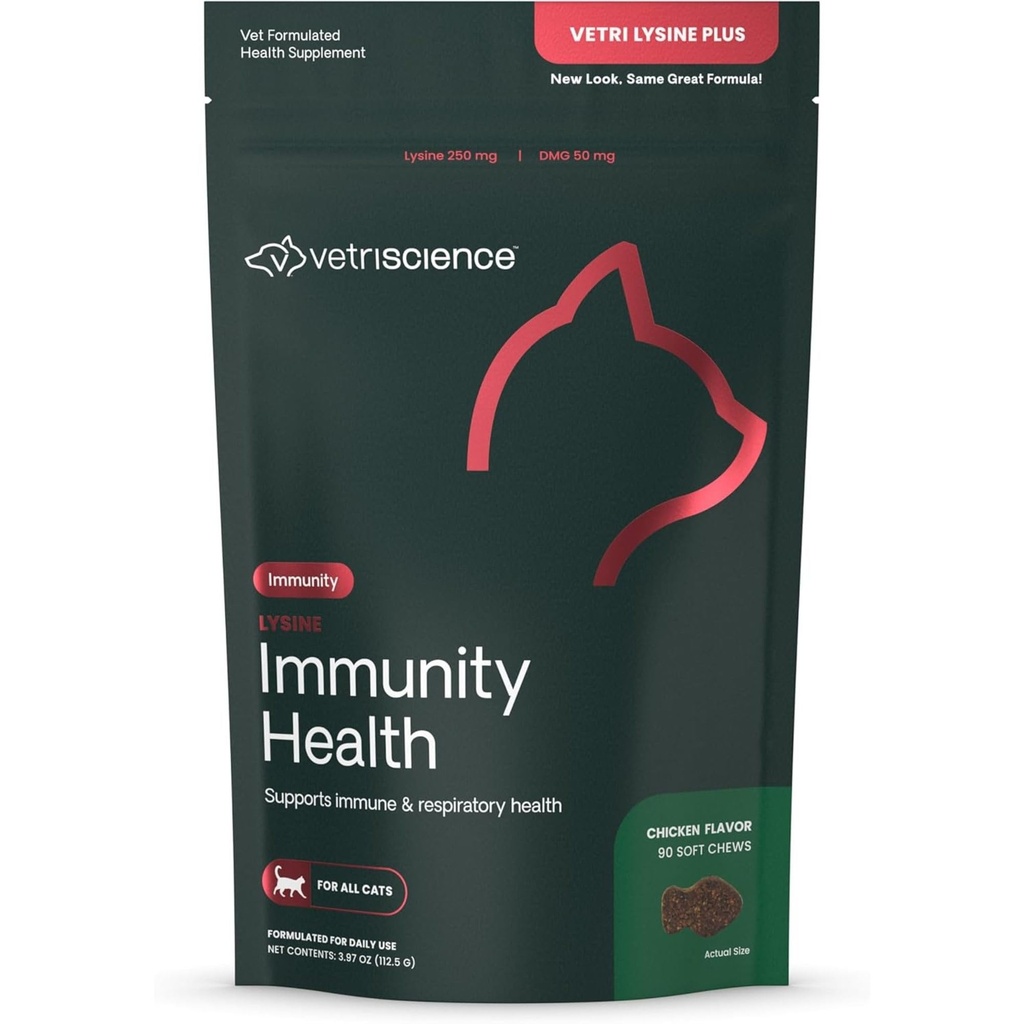VetriScience Lysine Immunity Health Chews, 250 mg Lysine Plus Integratore immunitario per gatti e gattini con Allergie, starnuti, Runny Nose e occhi acquosi, Pollo, 90 Conte