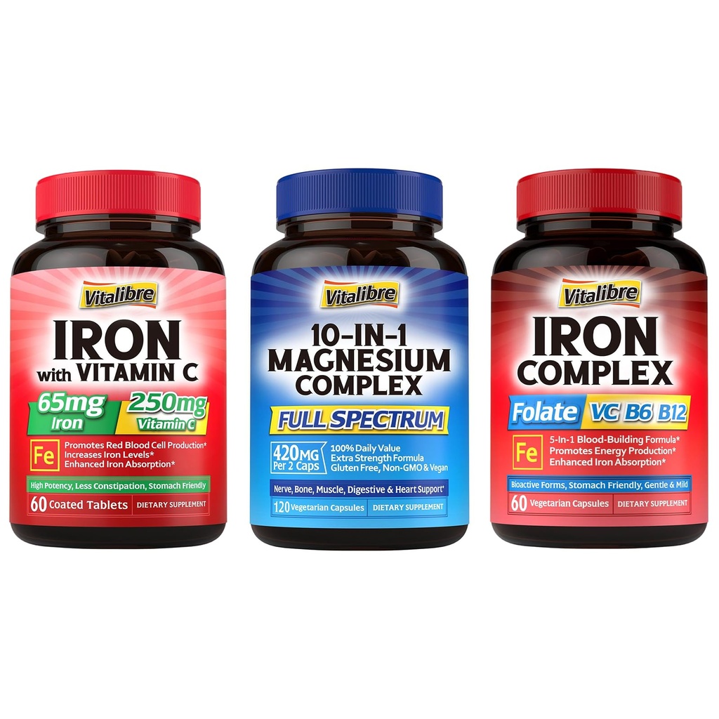 10 in 1 Magnesio Complesso & Supplemento Ferro, 65 mg di ferro di ferro con 250 mg di vitamina C & 5 in 1 complesso di ferro