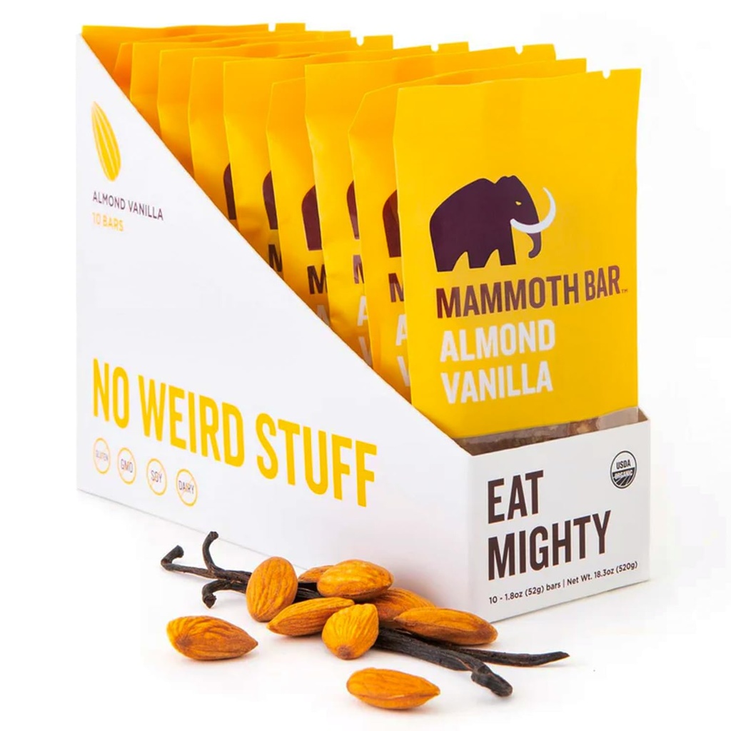 Mammoth Bar Almond Vanilla Bar - 10 barre di proteine organiche – Prebiotici • Paleo • Gluten Free • Proteine dell'uovo • OGM Free • Raw • Nut Premium