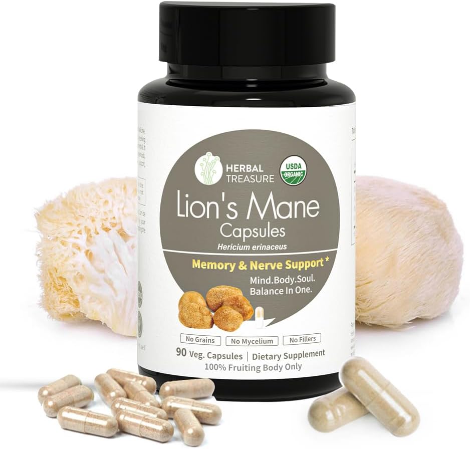 Erboristeria Lions Mane Supplemento capsule, Realizzato con leoni organici polvere di mane per Clarity Mentale e Integratori di messa a fuoco, 800mg Lions Mane Powder Organic Mushroom Supplement 90 Caps