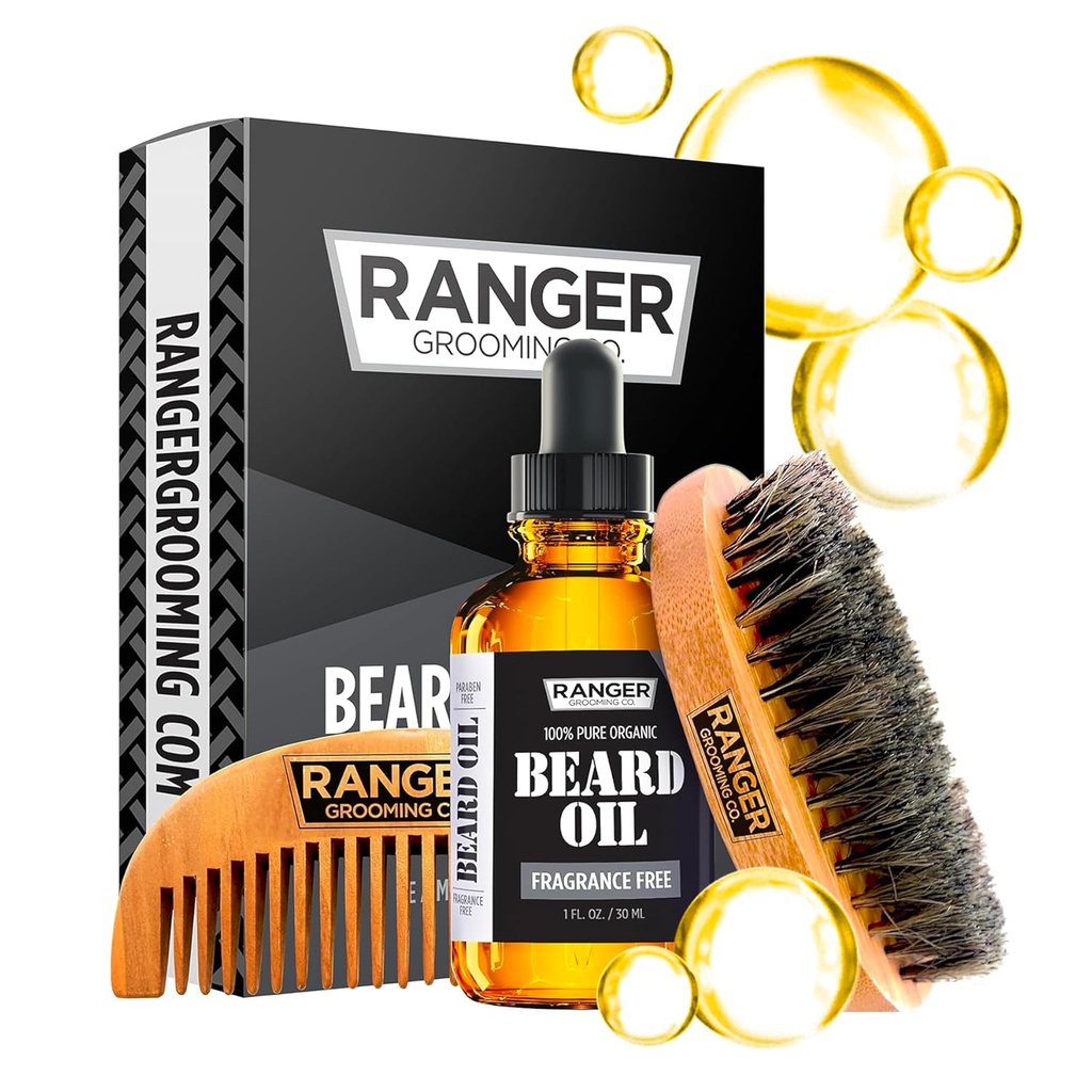 Kit Beard by Ranger Grooming Company by Leven Rose, 100% Fragranza naturale organica Senza profumo Beard Oil, Brush Boar Bristle Beard Brush, Natural Wood Comb Beard Care Starter Set per gli uomini