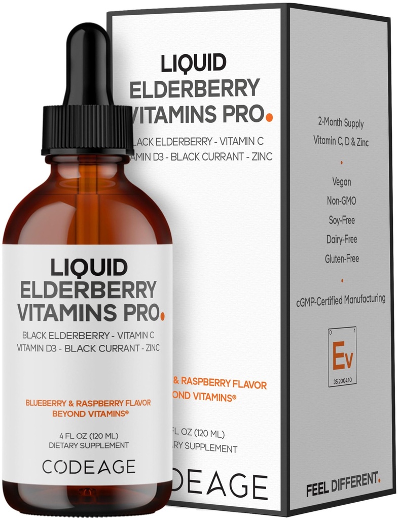 Codeage Elderberry Vitamins Pro - Organic Black Elderberry Liquid Drops - Vitamina C, D3, Zinc, Black Currant - Alimentazione 2-Month - Nero Sambucus Liquid - Supplemento per Adulti & Kids - 4 fl oz
