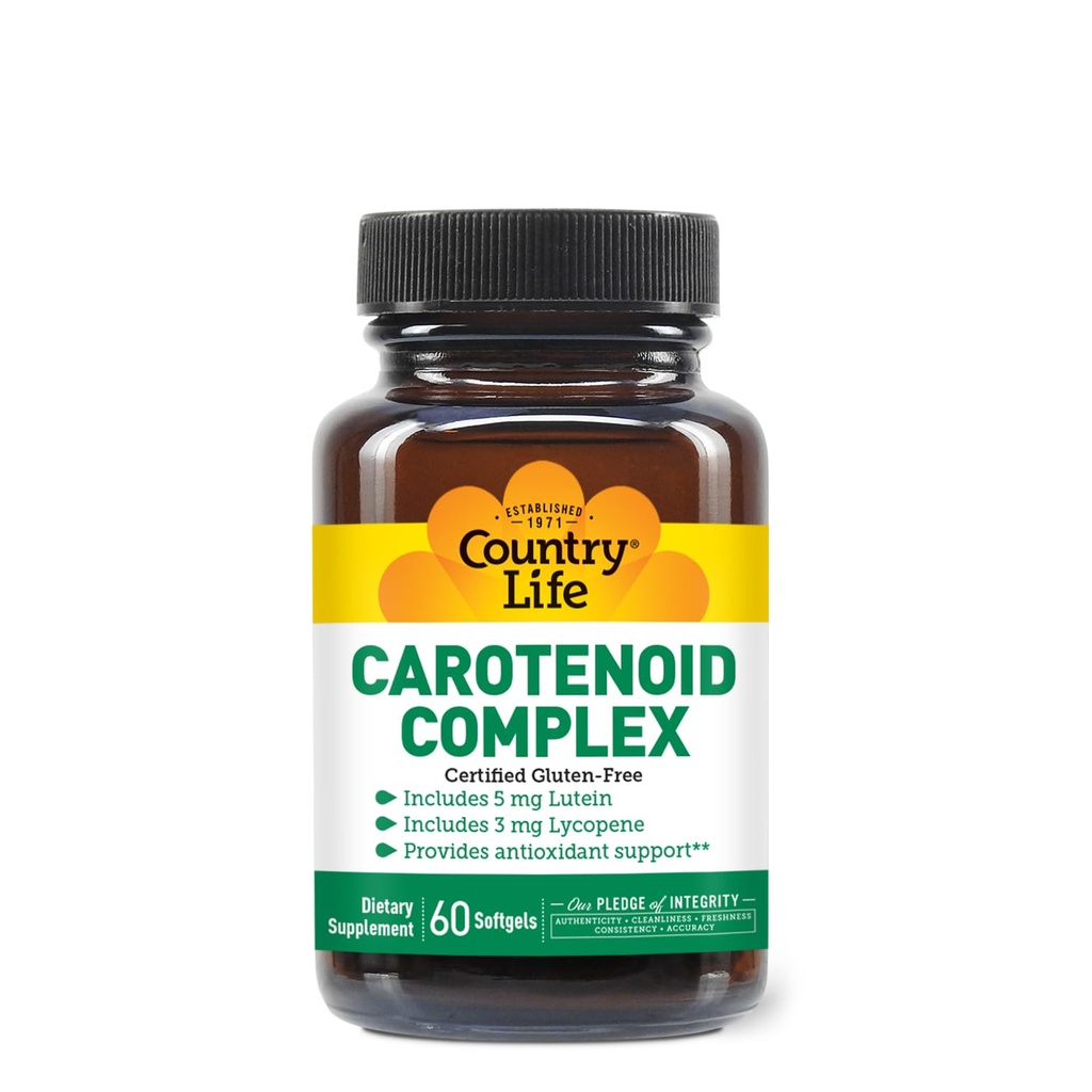 Country Life Carotenoid Complex con Lutein, Lycopene e Astaxantina, 60 Softgels, supporto antiossidante