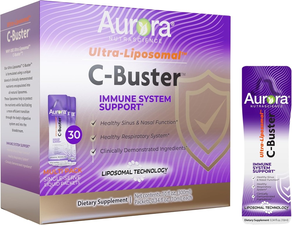 Aurora Nutrascience Ultra Liposomal C-Buster Immune System Support, Vitamina C, Vitamina D, Zinco, Vecchio, Pelargonium, Vitamina K & Ginseng, 30 Packets, 10 ML