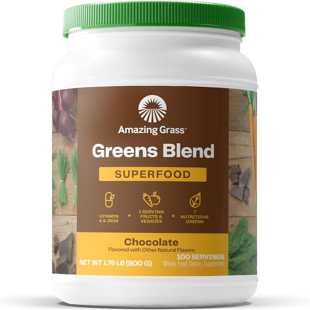 Stupefacente erba verde Superfood Polvere: Greens polvere con enzimi digestivi & probiotici, Spirulina organica, clorella, e barbabietola radice polvere, cioccolato, 100 porzioni