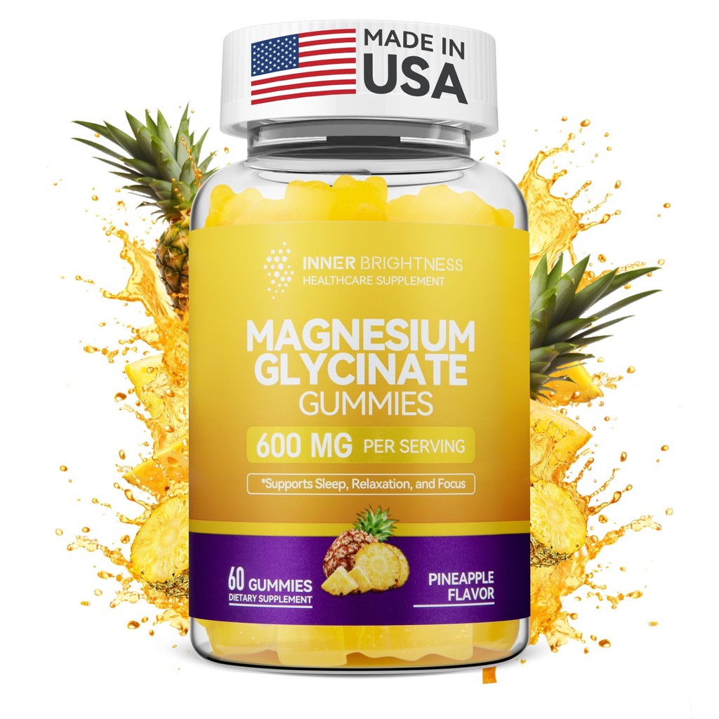 Magnesio Glycinate Gummies 600mg, Non OGM, Senza glutine, Magnesio Gummies per adulti e bambini, Dormire, Relax & Focus, Sapore di ananas, 60 Conte