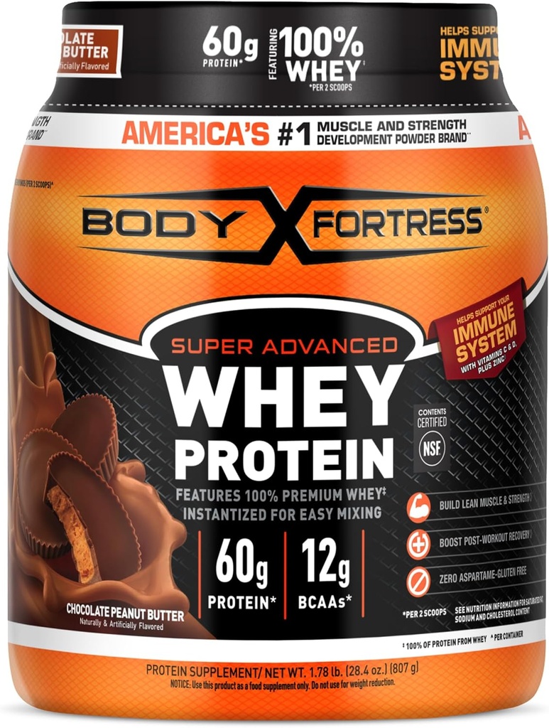 Fortezza corpo 100% siero, polvere proteica Premium, burro di arachidi al cioccolato, 1,78 lbs (vaso di maggio di imballaggio)