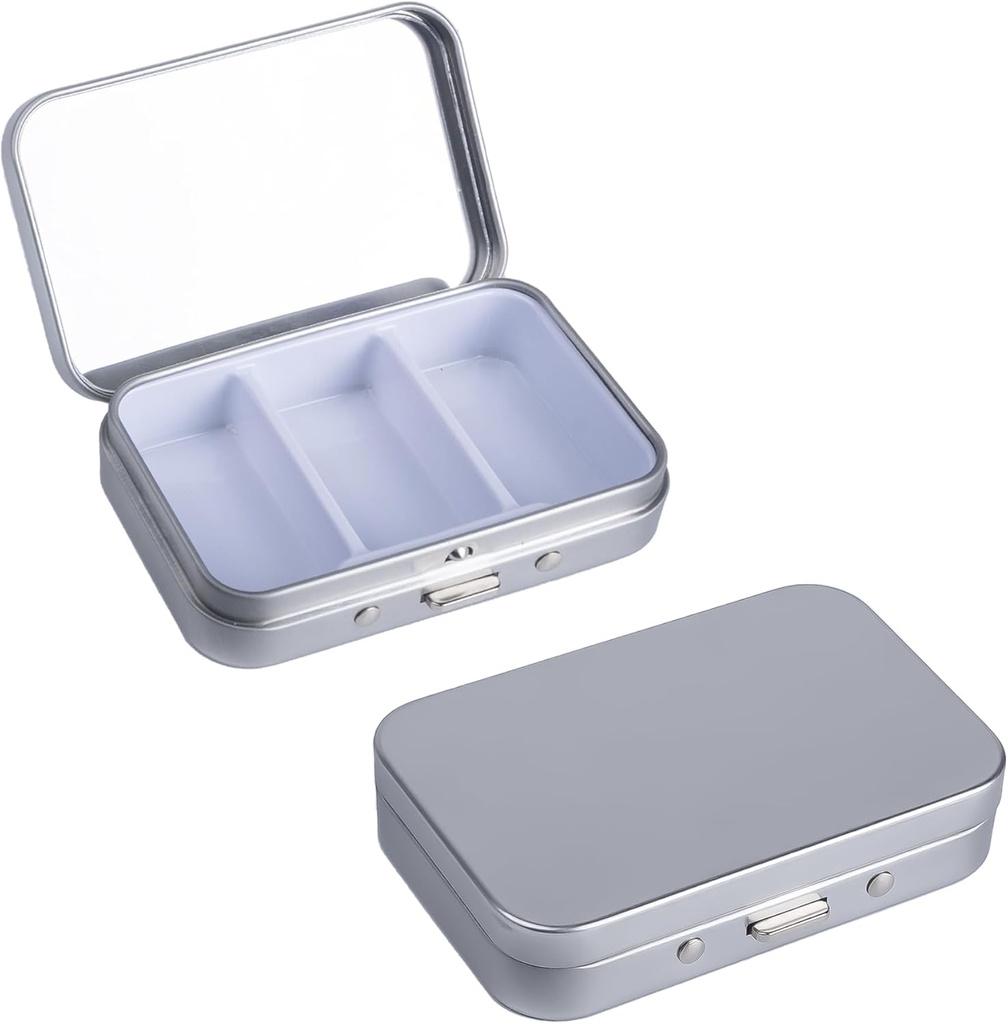 2Pack Pill Box 3 Compartment Pill Case,Portable Metal Travel Pill Box con Specchio per Medicina, Vitamine, Olio e Integratori,Portable Pill Box per Pocket o Purse(Silver)