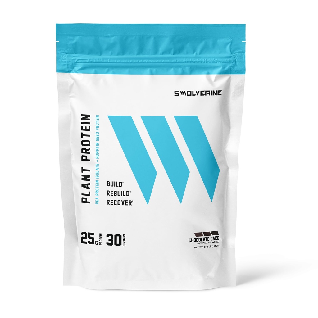 Proteina vegetale di Swolverine | 100% Vegan, Polvere proteica a base vegetale, Isolato di proteine di Pea, Proteina di semi di zucca, 22G Protein, 30 Servings Torta di cioccolato Flavor (Chocolate Cake)