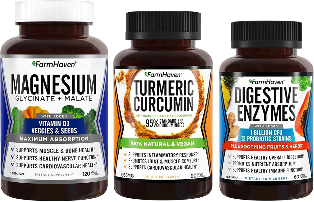 FarmHaven Magnesium Glycinate & Malate Complex w/Vitamin D3 & Curcumina Turrica con BioPerine Black Pepper & Digestive Enzymes con 18 Probiotici & Erbe