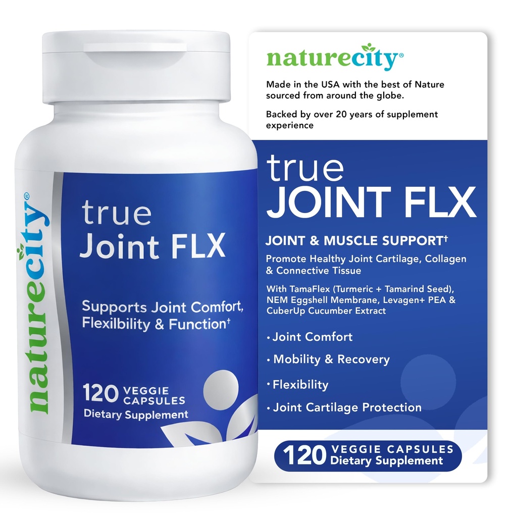 NaturaCity True-Joint FLX Joint Supplement Formula (120 Capsules) | TamaFlex, Membrana NEM Eggshell, Levagen+ PEA & CuberUp | Supporta il comfort congiunto, Flessibilità, Mobilità, Funzione & Cartilage Salute