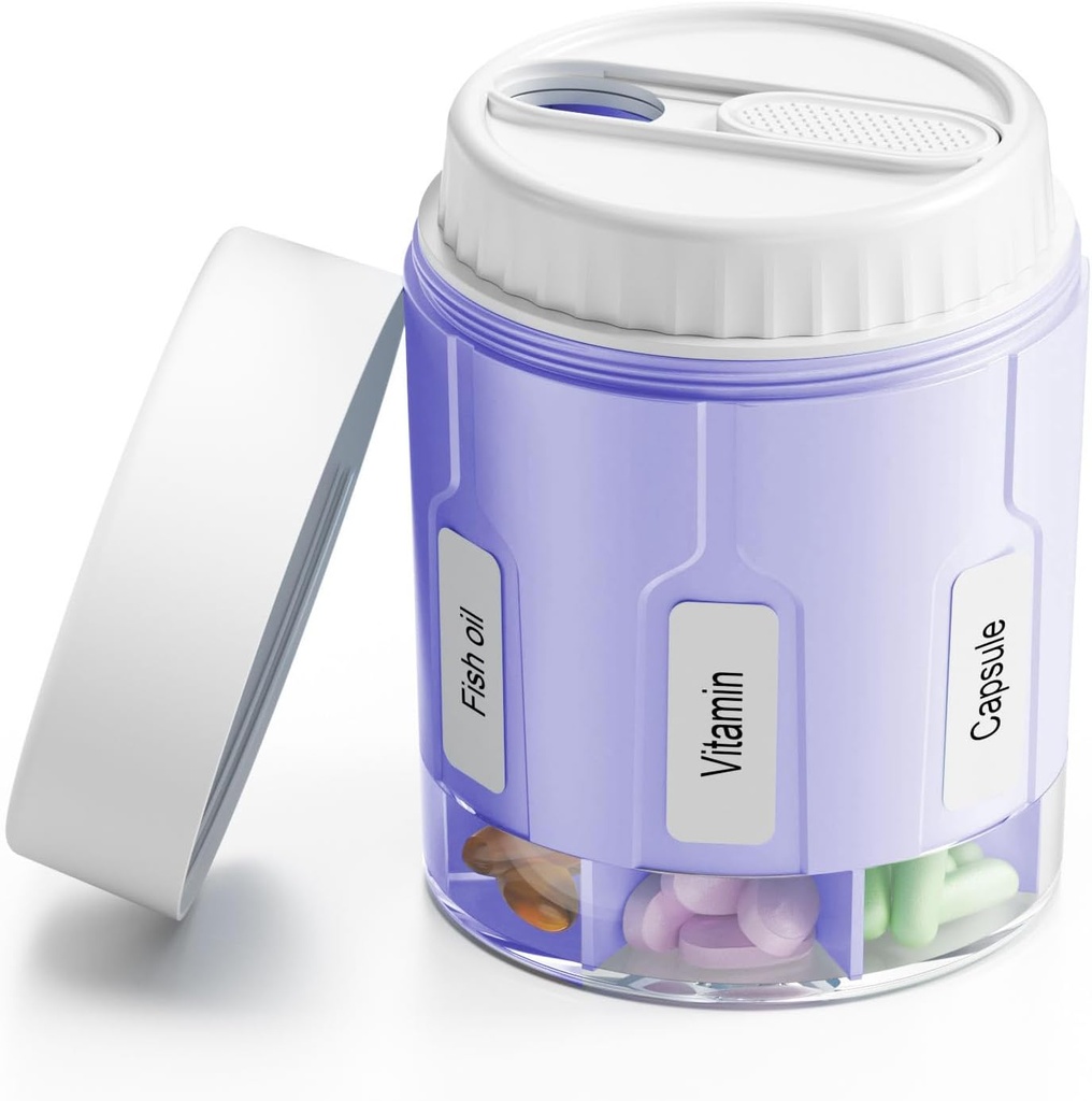 Organizzatore della bottiglia della pillola Daviky, organizzatore di supplemento con 7 grandi scomparti, scatola rotonda del piatto di viaggio del Dispenser con due coperchi(Purple)