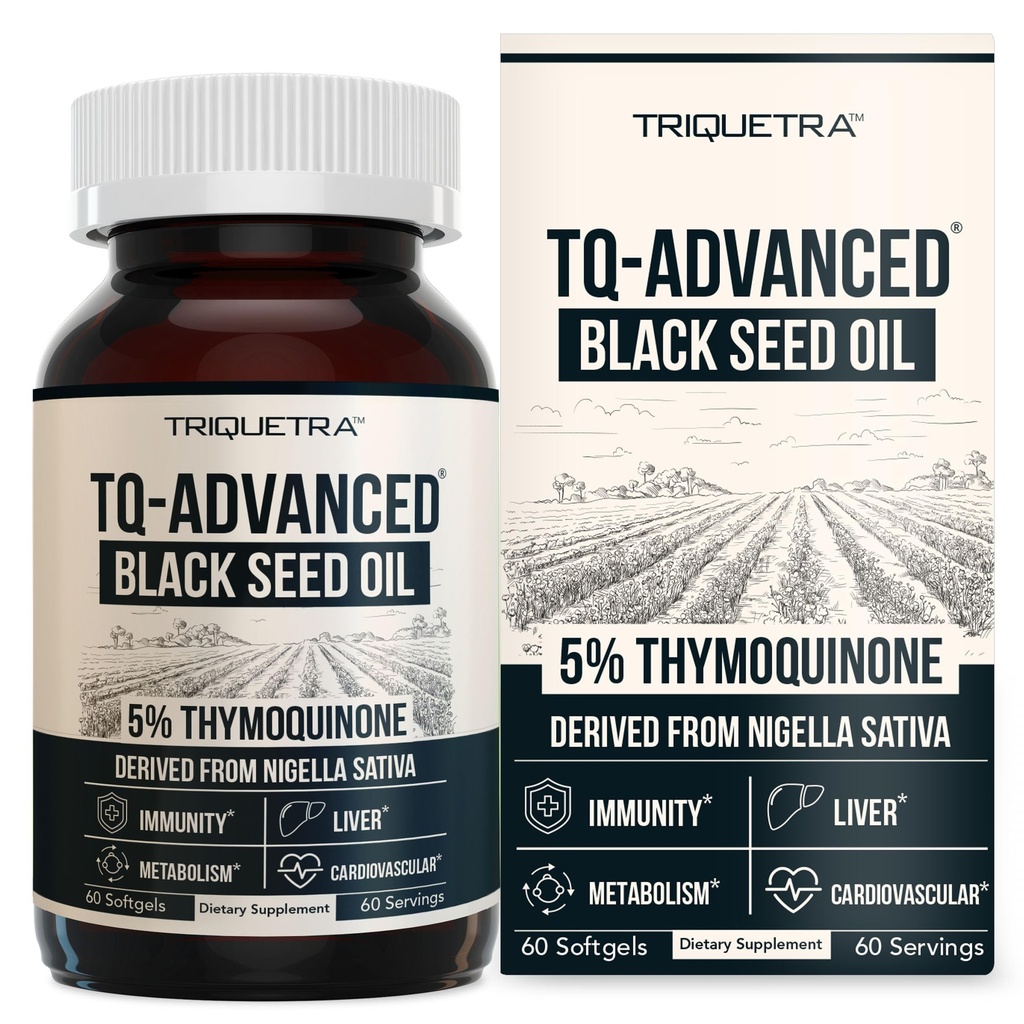 Black Seed Oil Softgels | 5% Thymoquinone - TQ-Advanced® | Alta potenza - 500 mg per capsula - 15:1 Concentrato da Nigella Sativa Extract, Raw Form, Vegan Formula, Glass Bottle (60 Softgels)