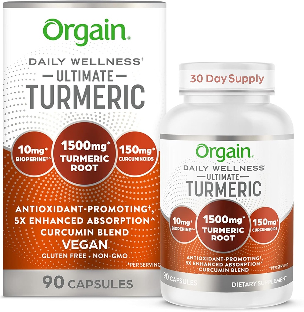 Orgain Ultimate Turmeric Supplement 1500mg, Curcumina e Bioperina Black Pepper Extract Herbal Blend, Supporta Antiossidante e salute del cuore - 90 capsule, 1 mese di fornitura