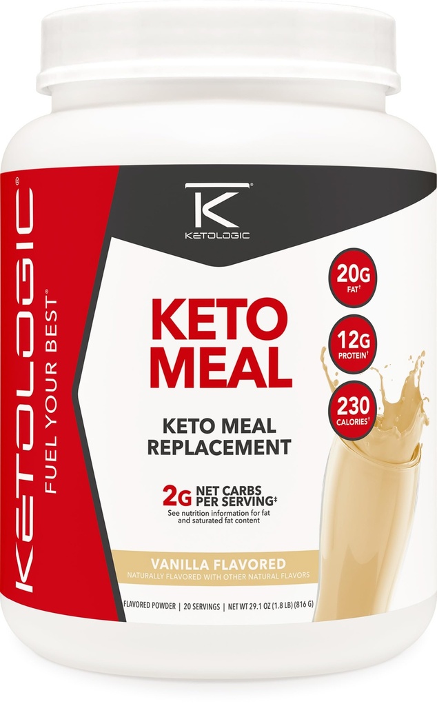 Ketologic Keto Meal Sostituzione Shake Polvere per risultati ottimali + MCT Olio + Grass-Fed Whey - Perfettamente Formulato Macros per Ketosis - 20 Serve - Vanilla