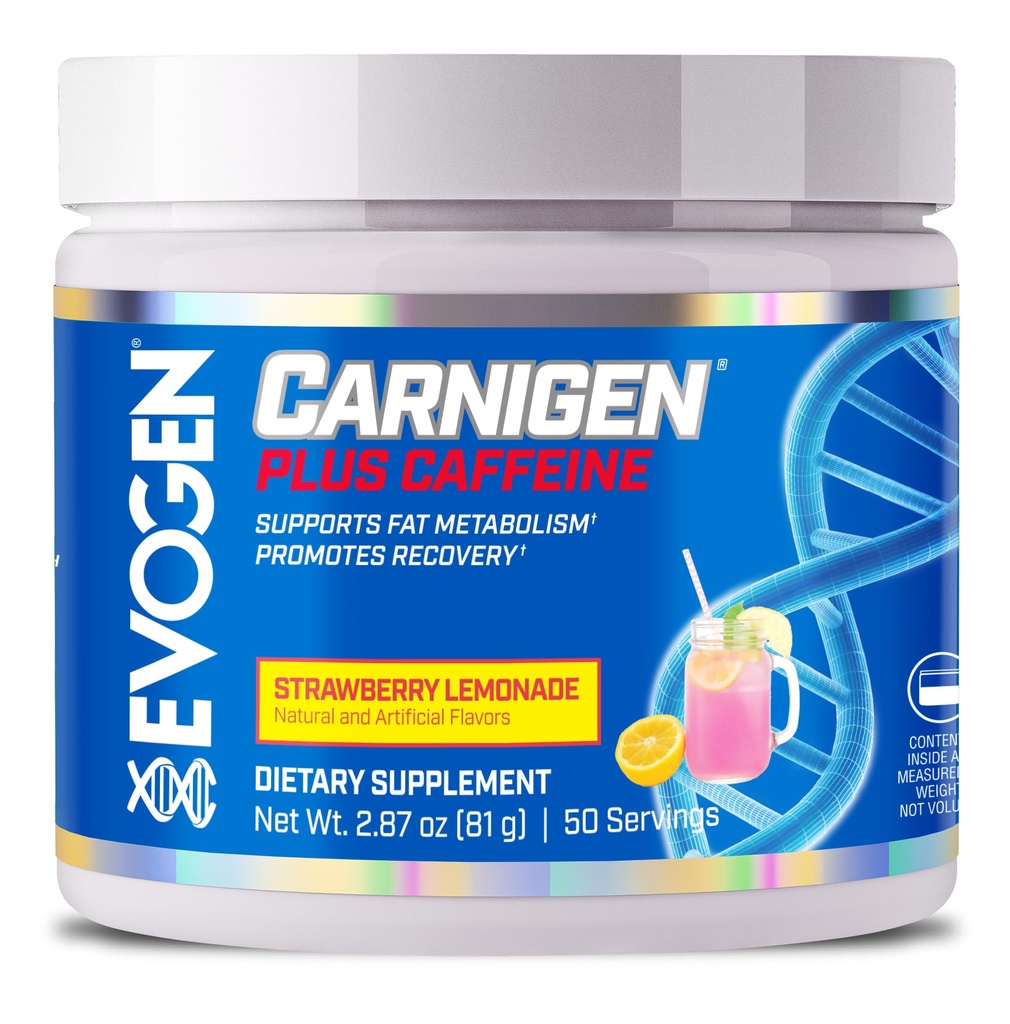 Evogen Carnigen Plus Caffeina - Polvere di carnitina Premium | Supporta il metabolismo grasso & promuove il recupero | L Carnitina Supplemento con caffeina & Acetil L-Carnitina | Limonata di fragola | 50 Serve