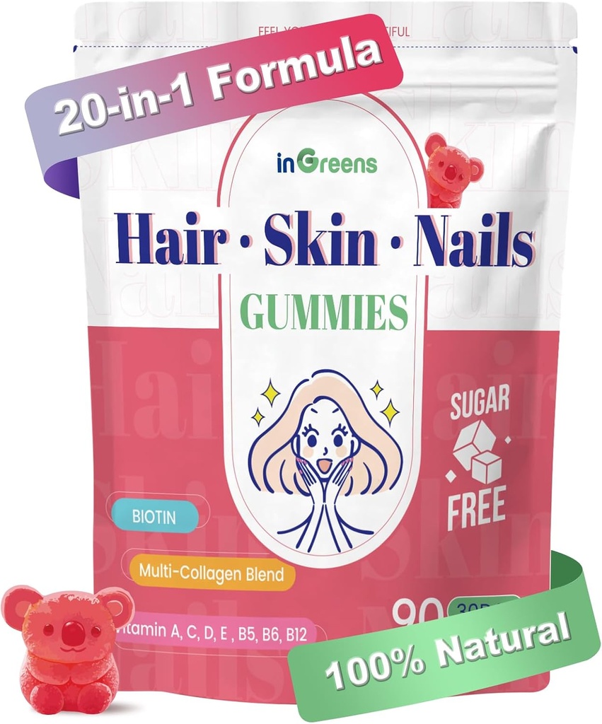 20-in-1 Pelle per capelli e unghie Gummies, Vitamine per capelli Biotina per le donne e gli uomini con 10000 mcg Biotina, Vitamine A, C, D, E per la crescita dei capelli e pelle sana, Bianco Peach Flavor, 90 Gummies
