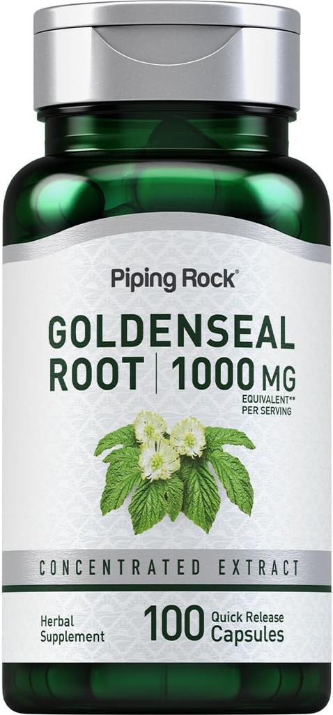 Piping Rock Goldenseal Root Capsule | 1000mg | 100 Pills | Integratore di erbe | Estratto concentrato | Non OGM, Gluten Free