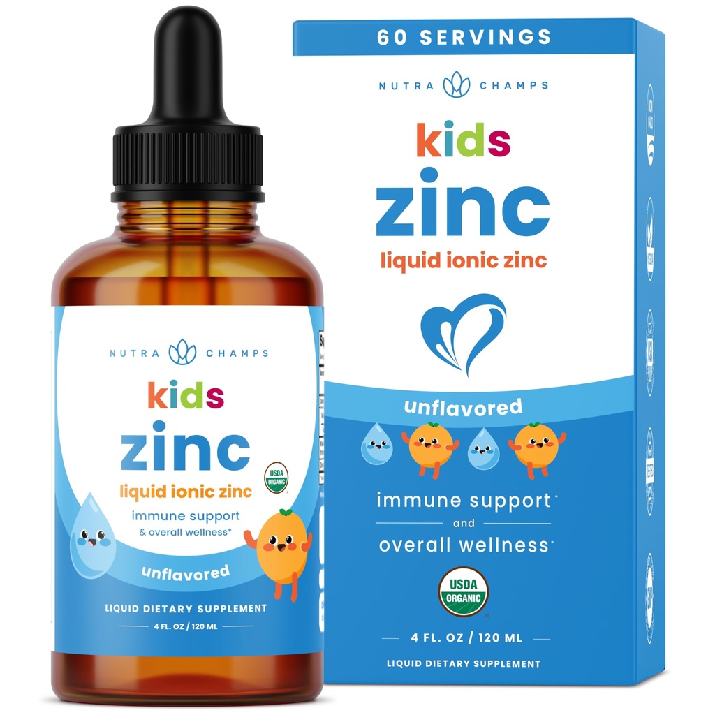 Gocce di zinco liquido di NutraChamps per bambini, gocce di zinco ioniche potenziate con vitamina C per bambini, senza zucchero 4 oz, Vegan & non OGM, Tangerine, 60 Servings, 2 mesi di alimentazione