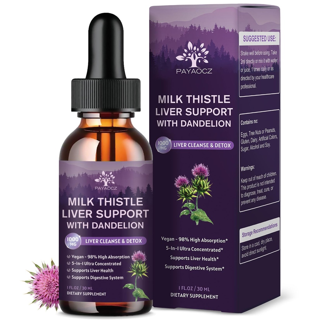 (4 Pack) Gocce liquide del cardo del latte Silymarin 1000mg, supplemento del fegato Detox & Cleanse con il dente di leone & Artichoke, estratto organico del cardo del latte per la riparazione del fegato di sostegno Salute, Vegan, Non OGM, 1 Fl Oz