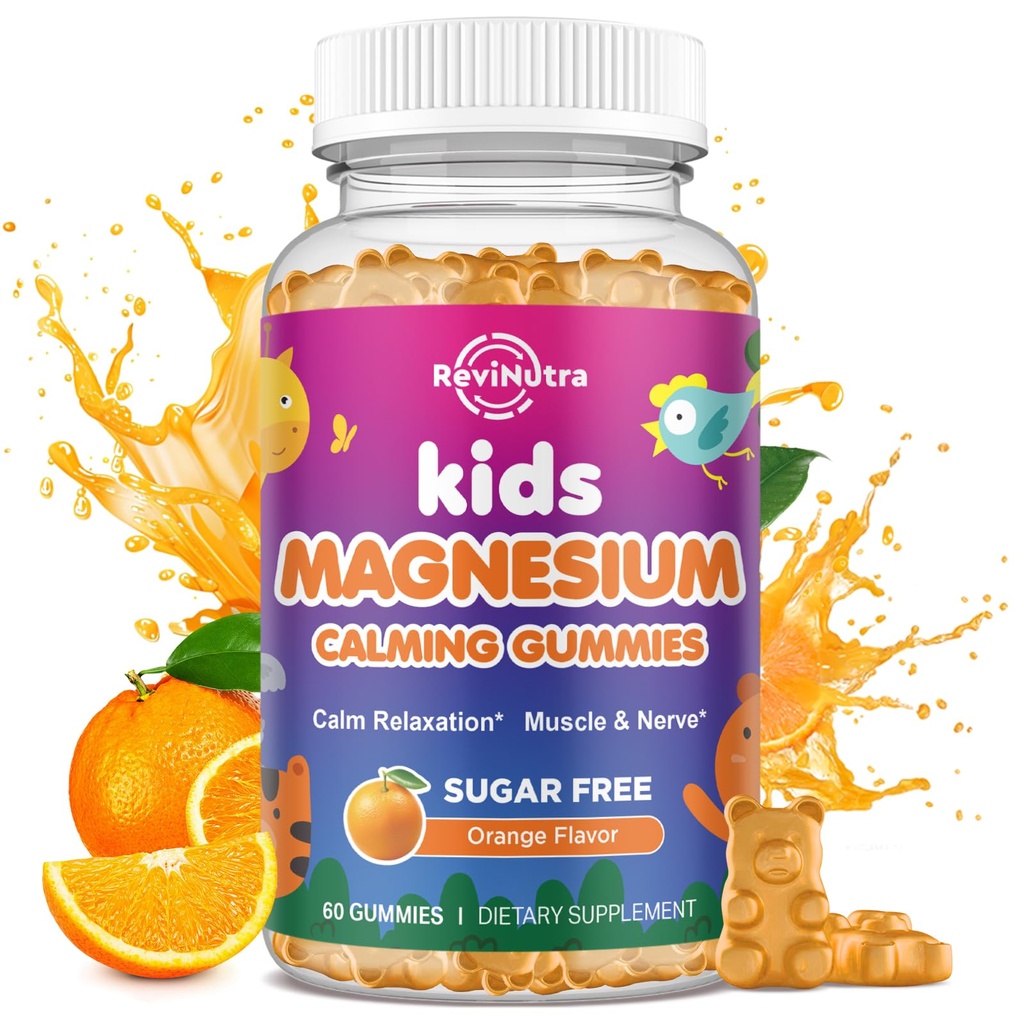 Gummie di Magnesio calma per i bambini - Magnesio Glycinate Supplemento per il sonno, il cervello, Immune & Bone Salute - Grandi Gummie di Magnesio di Degustazione per Bambini & Adulti - Vegan Sugar Free Orange 60ct
