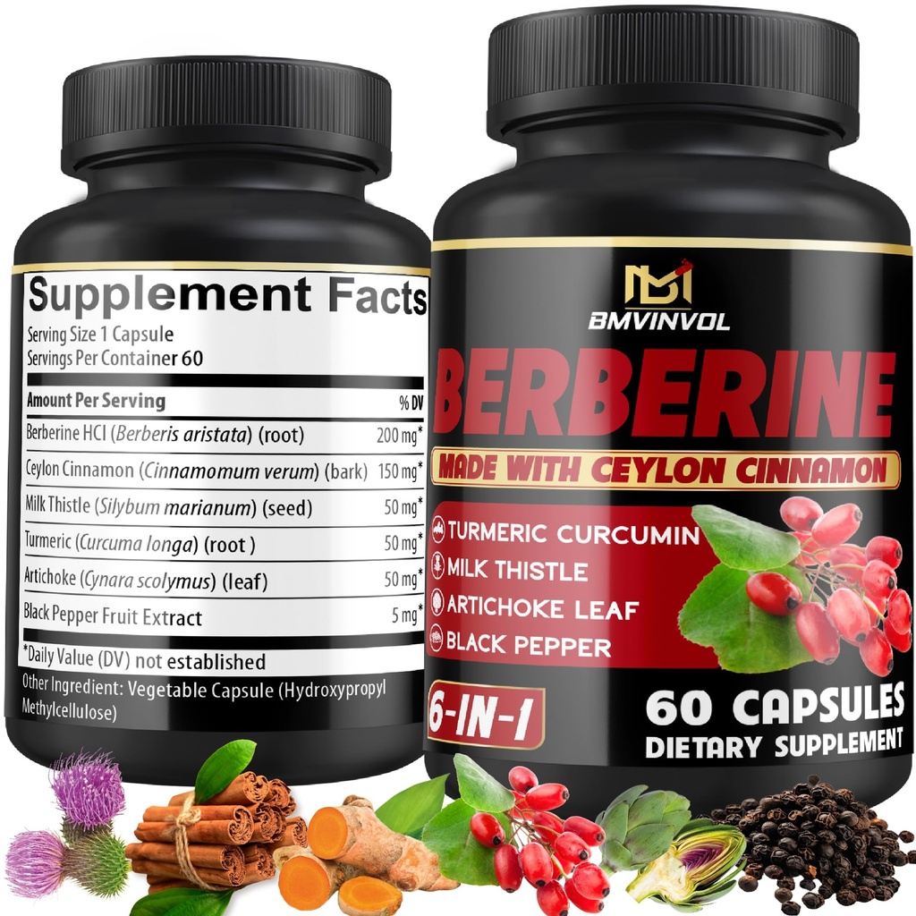 Integratore di Berberina con cannella di Ceylon, curcuma, carciofo, cardo del latte - pillole di supplemento di HCl di Berberina - 60 capsule [alimentazione di 2 mesi]