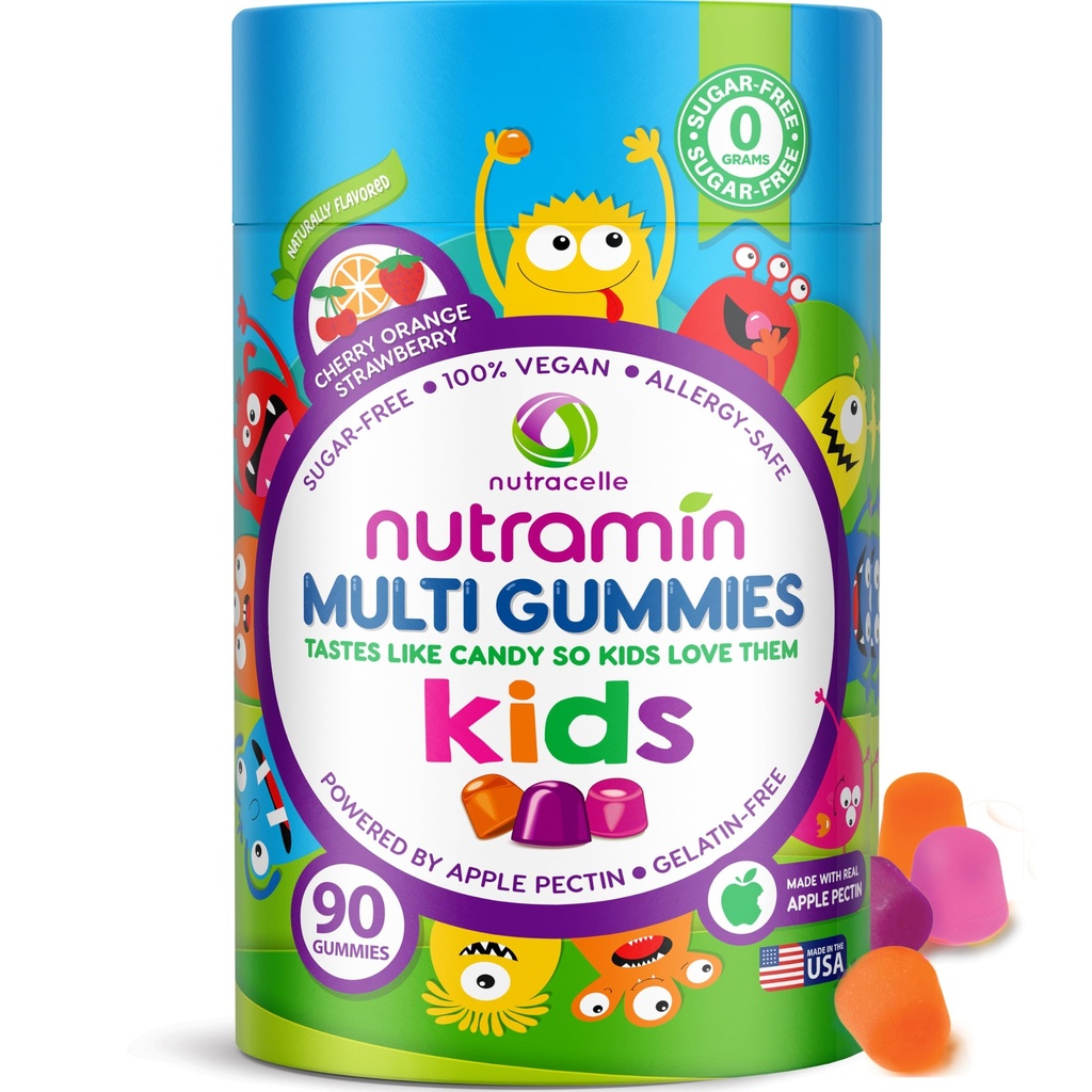 Nutracelle NUTRAMIN Sugar-Free, Allergeni-Free 100% Vegan Gummy Multivitaminici per bambini - Gummie naturali di grande gusto i vostri bambini ameranno - 90 Conte Bottiglia