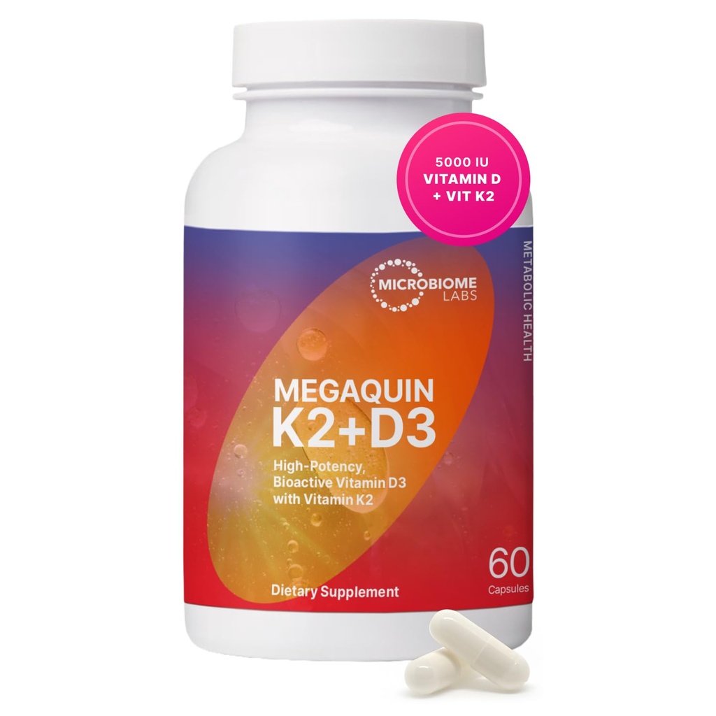 Microbiome Labs MegaQuin D3 + K2 - Integratore di vitamina D3 K2 ad alta potenza - Bioattiva & Biodisponibile - Vitamina D3 5000 iu & MK-7 - Supporto Bone, Cuore, Nerve & Salute Immune (60 capsule)
