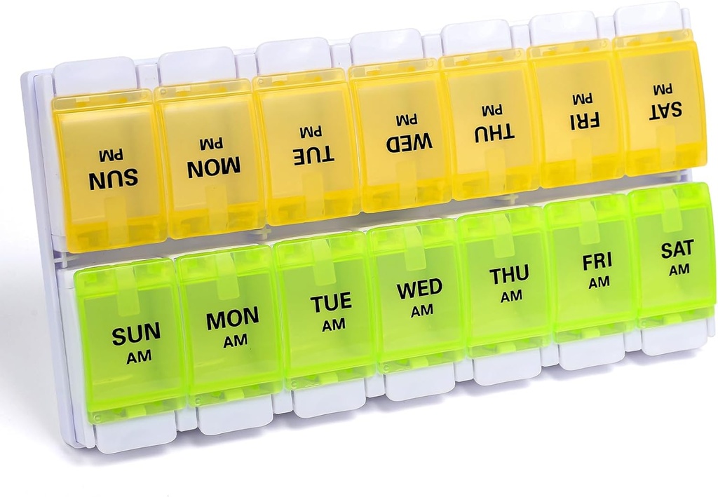 Sukuos AM PM Weekly Pill Organizer 7 giorno, 2 volte A Day Medicine Pill Box con Easy Push Button, BPA Free Vitamin Case per Fish Oil/Supplements, Facile da pulire (Yellow&Green)