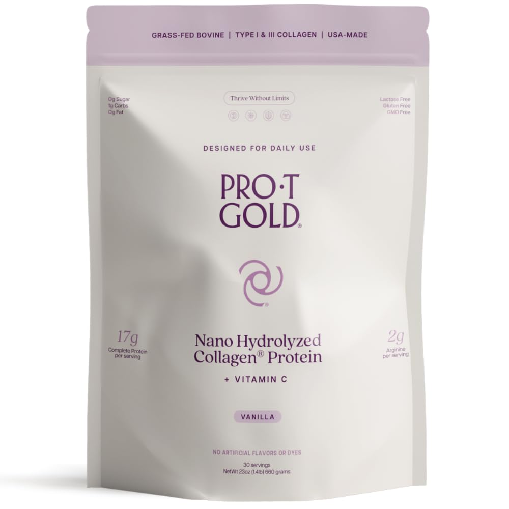 ProT Gold Collagen Protein Powder, 17g Protein Nano-Hydrolyzed Grass Fed Collagen, Vitamina C, 2g Arginina per il supporto del tessuto, senza glutine, tutto naturale, grasso e senza zucchero, 0g Carbs, Vanilla, 23 oz, 30