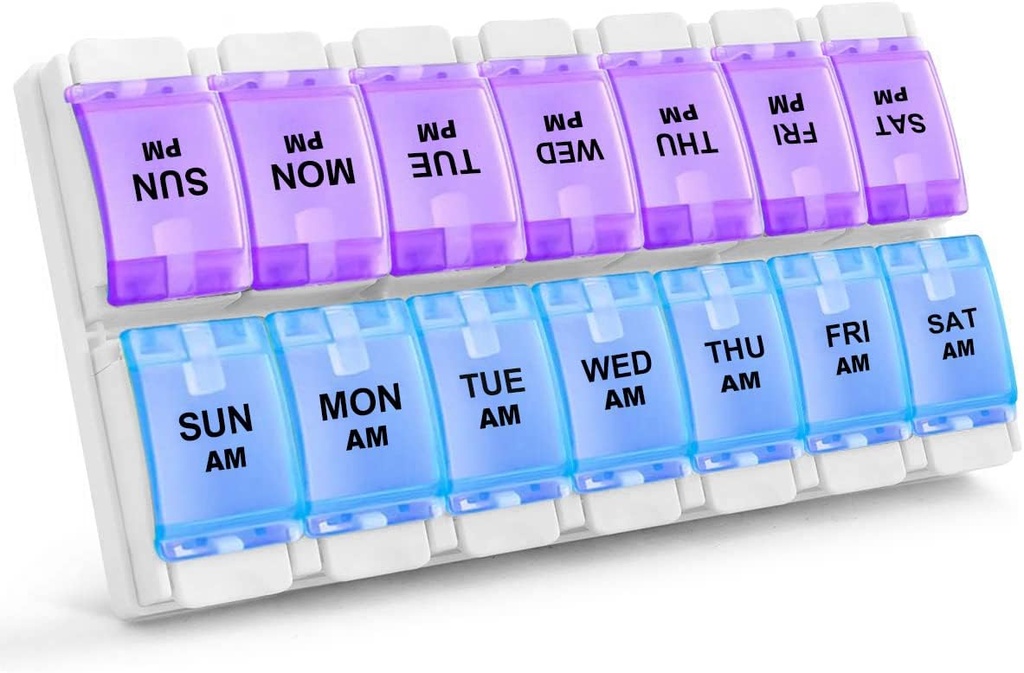 Sukuos AM PM Weekly 7 Day Pill Organizer, 2 volte A Day Pill Box con Arthritis Friendly Push Button, Medicine Cases for Vitamin/Fish Oil/Supplements, Facile da pulire (Purple&Blue)