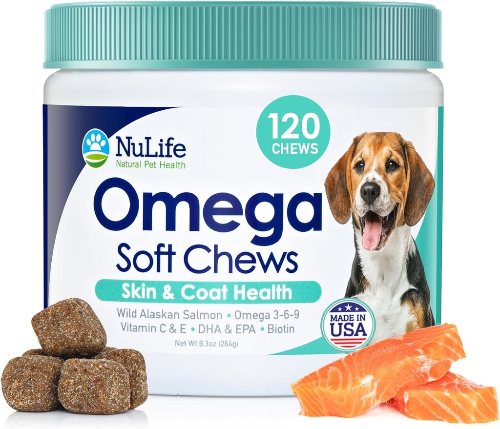 Cuscinetti Omega Skin e Coat per cani, selvatico Salmon Dog Treats con Biotin & Vitamina E, aiuta con pelle prurito, Allergy Relief & Shedding, Omega 3 6 9, EPA & DHA acidi grassi, Made in USA, 120 Chews