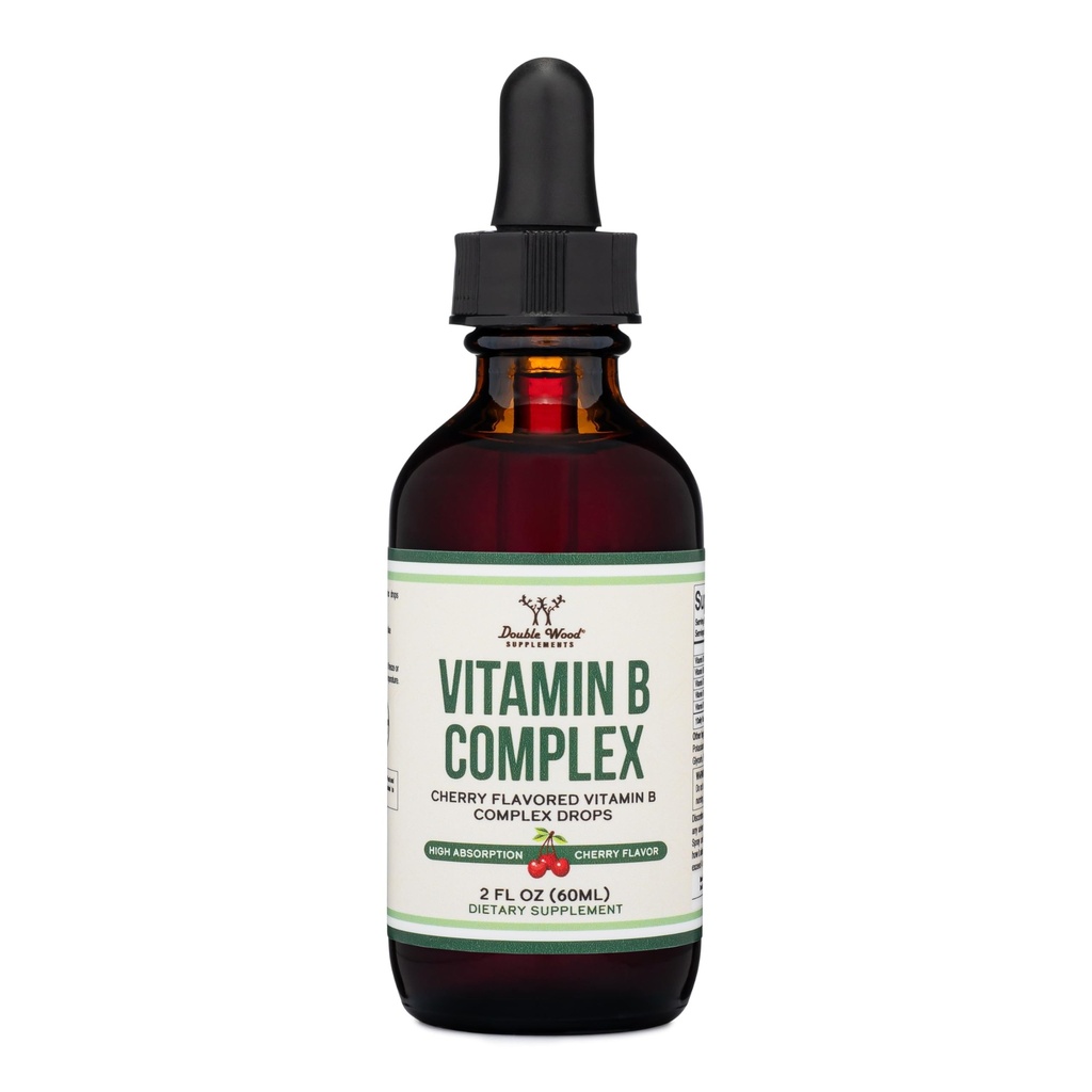 Doppio Legno Integratori Liquidi Vitamina B Complesso - 2 Mesi di Alimentazione - Assorbimento Max - B3, B6, B7 (Biotin), B9 e Vitamina B12 - Ciliegia Flavor - 2 FL OZ
