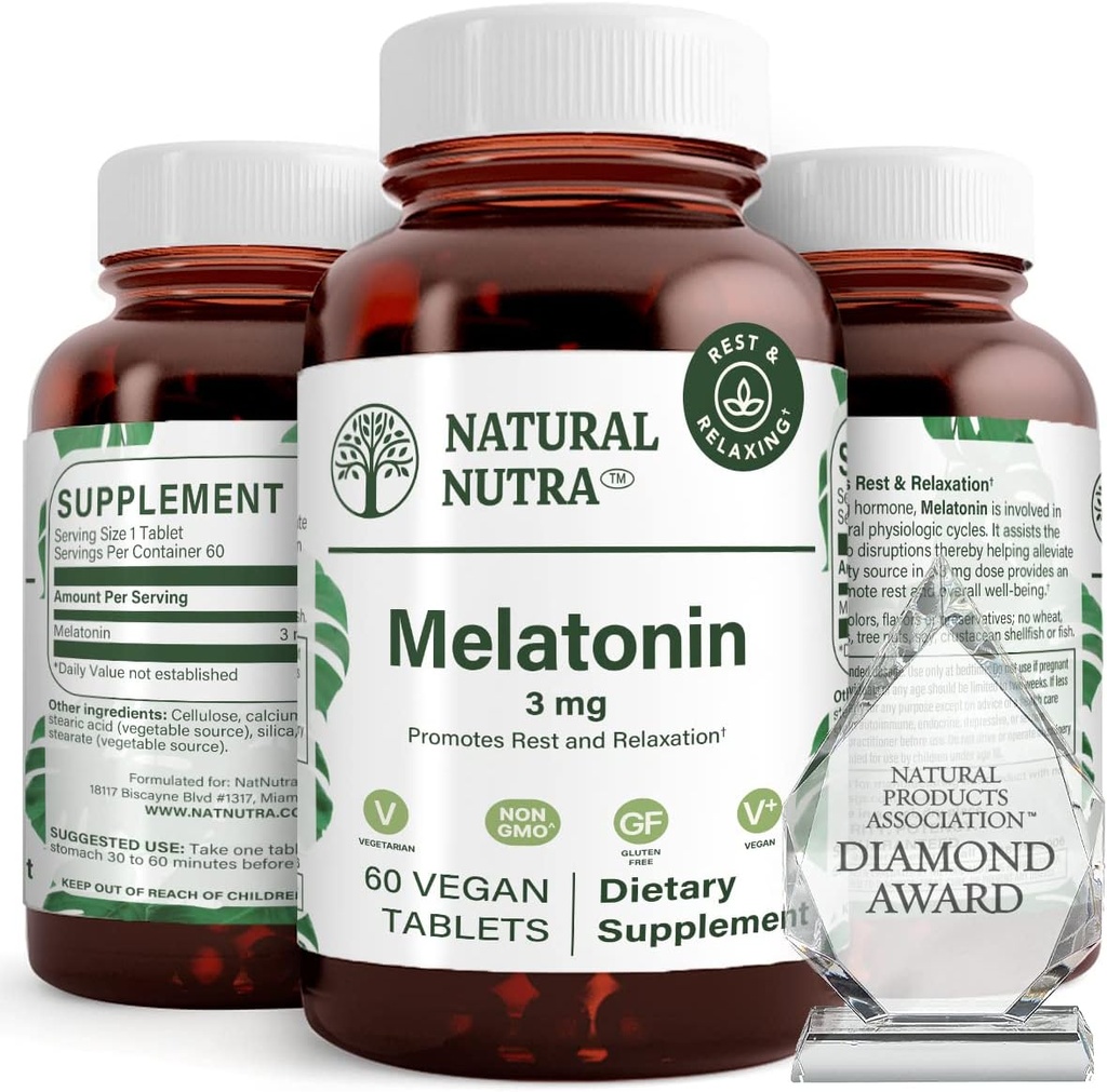 Nutra Vegan Melatonin 3mg, aiuta a migliorare la salute del cuore, supporta il sistema immunitario, aiuta la salute delle cellule e del cuore, contribuire al benessere generale, migliorare la qualità del sonno, senza glutine, 60 compresse