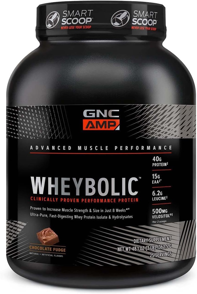 GNC AMP Wheybolic polvere proteica clinicamente provata, 40g Whey Protein, BCAA, leucina, aumenta la resistenza muscolare, costruzione del muscolo, 3 ° partito testato, senza glutine, fudge di cioccolato, 25 Servings