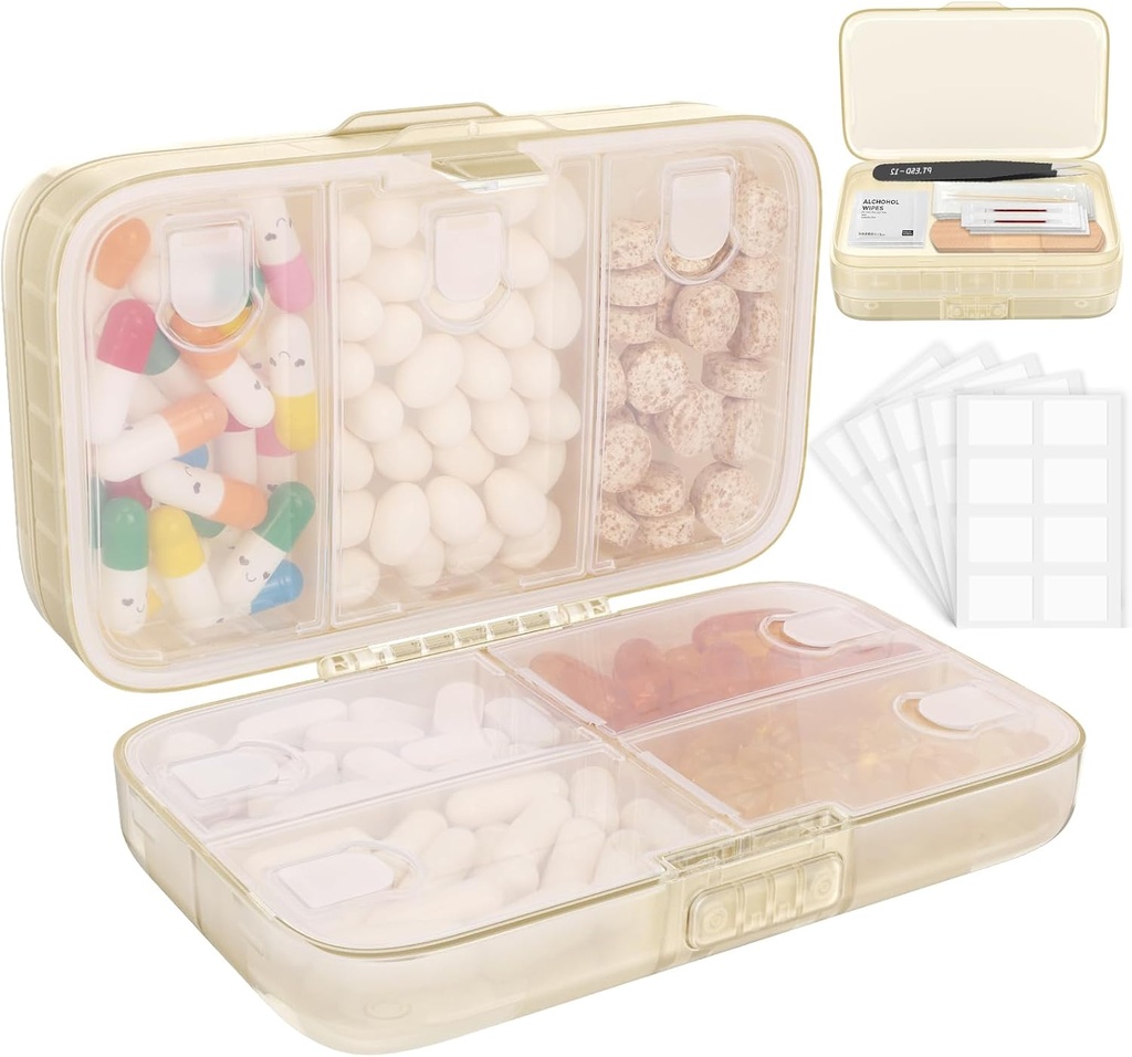 FYY organizzatore di pillole settimanali con etichette,8 scomparti Travel Daily Pill Case Airtight Moistureproof Large Pill Box per tenere vitamine, olio di pesce, integratori, cotone Swab e Bandages-Beige