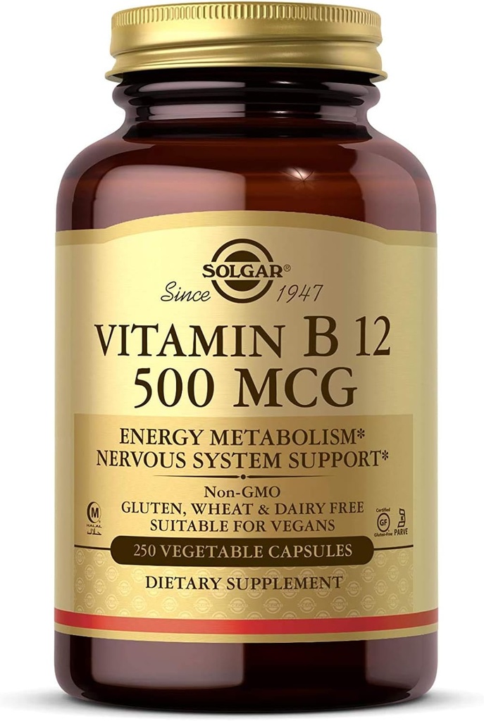 Solgar Vitamina B12 500 mcg, 250 Capsule Vegetali - Metabolismo Energetico - Supporto Sistema Nervoso - Promuove la salute del cuore - Non OGM, Vegan, Gluten Free, Dairy Free, Kosher, Halal - 250 Servings