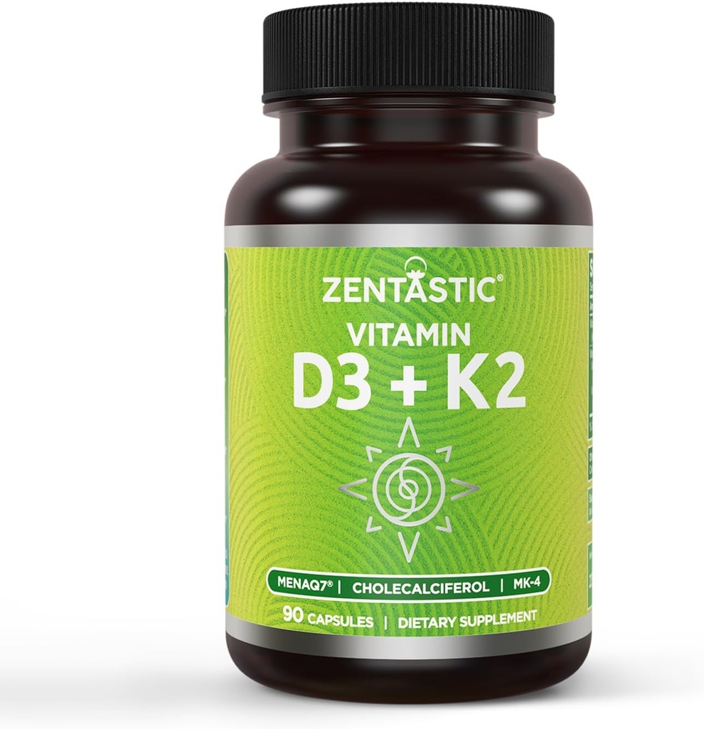 Vitamina Zentastic D3 K2, 5000IU & 200mcg, Vitamina D & MK7 brevettata & MK4 per il supporto complesso 3-in-1 - Vegetariano, Non OGM, 90 Caps