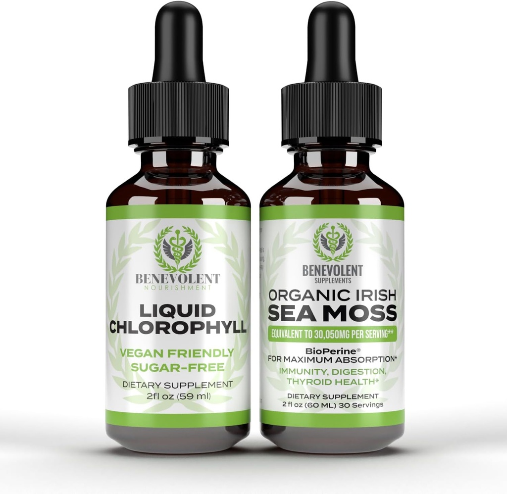 Benevolente clorofilla gocce liquide + Irish Sea Moss Drops 2oz, supplemento di clorofilla liquido di alimentazione di 4 mesi per Deodorizer interno & pelle di radiazione