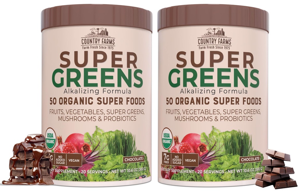 FARMS Super Greens Chocolate Flavor, 50 Super Food Organici, USDA Organic Drink Mix, Frutta, Verdura, Super Greens, Funghi e Probiotici, Supporti Energia, 40 Serve, 10.6 Oz, 2 Pack