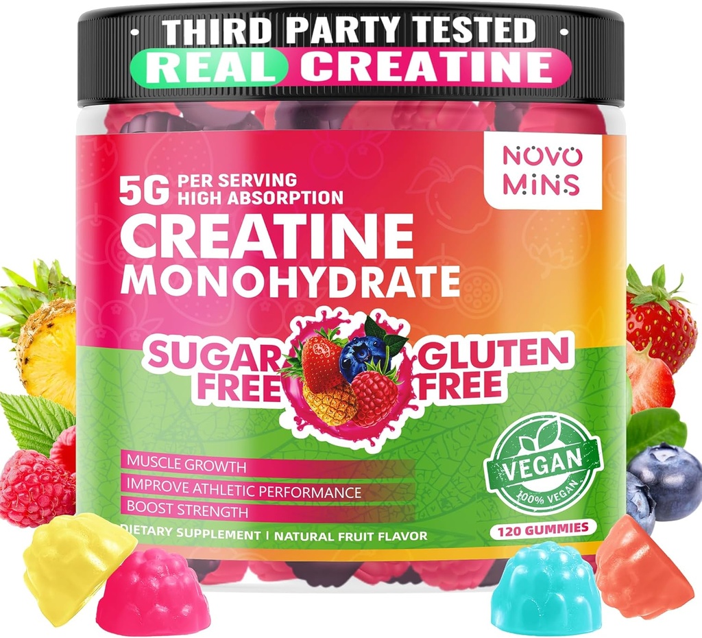 novomins Creatina Monoidrato Gummies 5000mg per uomini e donne, Chewables Creatina Monoidrato per la forza muscolare, Muscle Builder, Energy Boost, Pre-allenamento supplemento (120 conteggio)