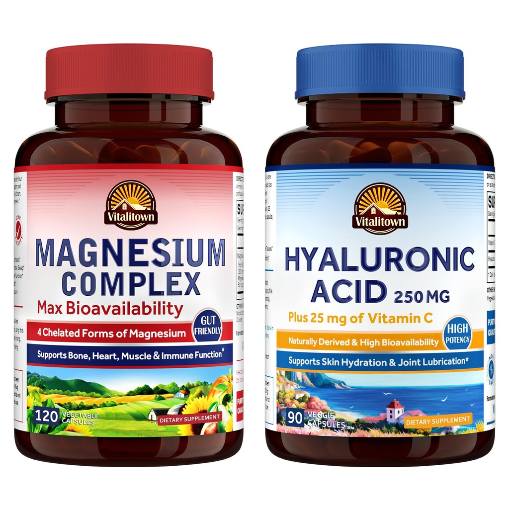 Vitalitown Magnesio + Acido Ialuronico Bundle| Complesso di magnesio (Item 1) & Acido Ialuronico Plus Vitamina C (Item 2) | 120 capsule di magnesio & 90 capsule di acido ialuronico