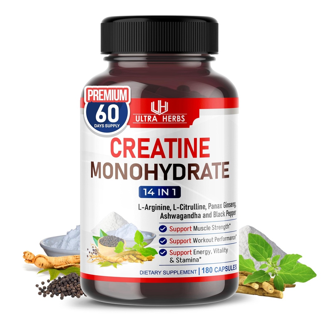 Ultra Creatina Pills | Creatina Monoidrato capsule potenziato con L-Arginina, L Citrullina, Ginseng | Support Stamina, Energy & Muscle Growth | 180 capsule