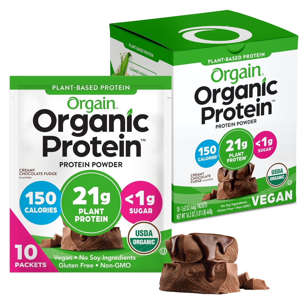 Orgain Organic Vegan Protein Powder, Creamy Chocolate Fudge - 21g Plant Protein, 6g Prebiotic Fiber, Carb basso, Nessun Lattosio Ingredienti, Non Aggiunto Zucchero, Non OGM, Per Shakes & Smoothies, 10 pacchetti di viaggio