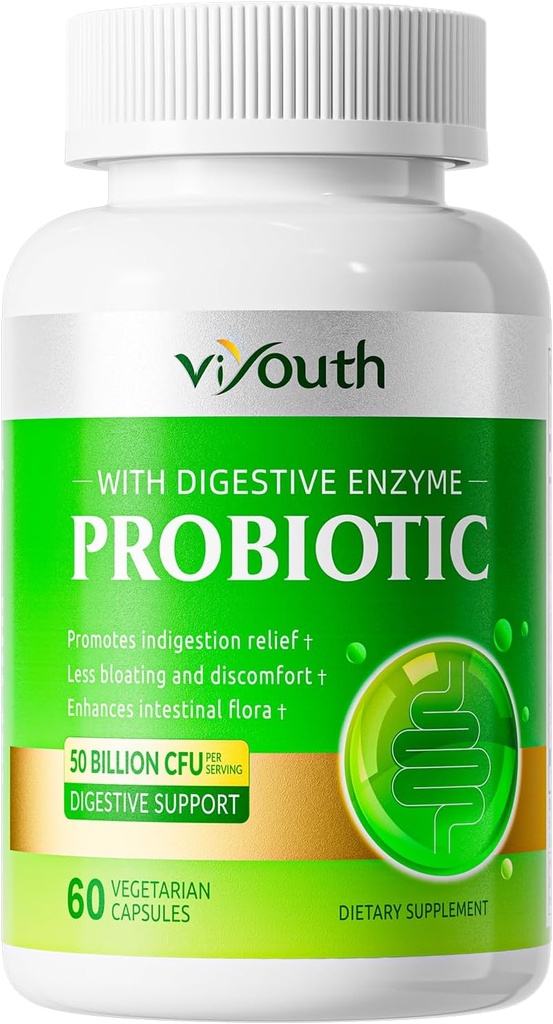 Probiotici per le donne e gli uomini - Probiotici 50 miliardi CFU 18 Strains & 5 Enzimi digestivi per la salute del fegato, Immune - Probiotici Capsule Supporti Gas & Bloating, Naturale, Non OGM, Gluten Free, 60ct