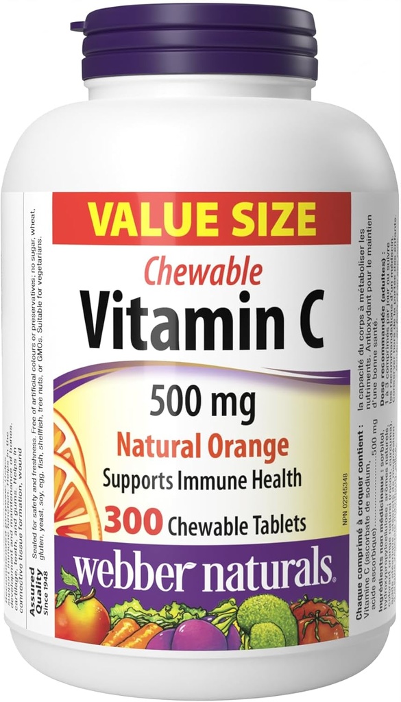 Vitamina C, 300 compresse arancio masticabili, 500 mg di vitamina C per Tablet, ossa, denti, supporto immunitario e antiossidante