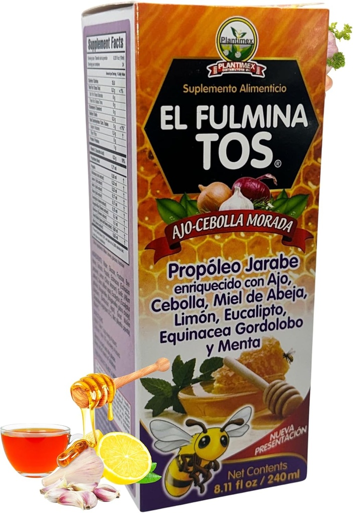 EL FULMINA TOS Propoleo +AJO + CEBOLLA +Miel+Limon+Eucalipto+Equinacea+Gordolobo & Menta (Propolis Syrup W/Garlic and Onion) 8.11 fl oz Integratore nutrizionale Syrup FULMINA TOS