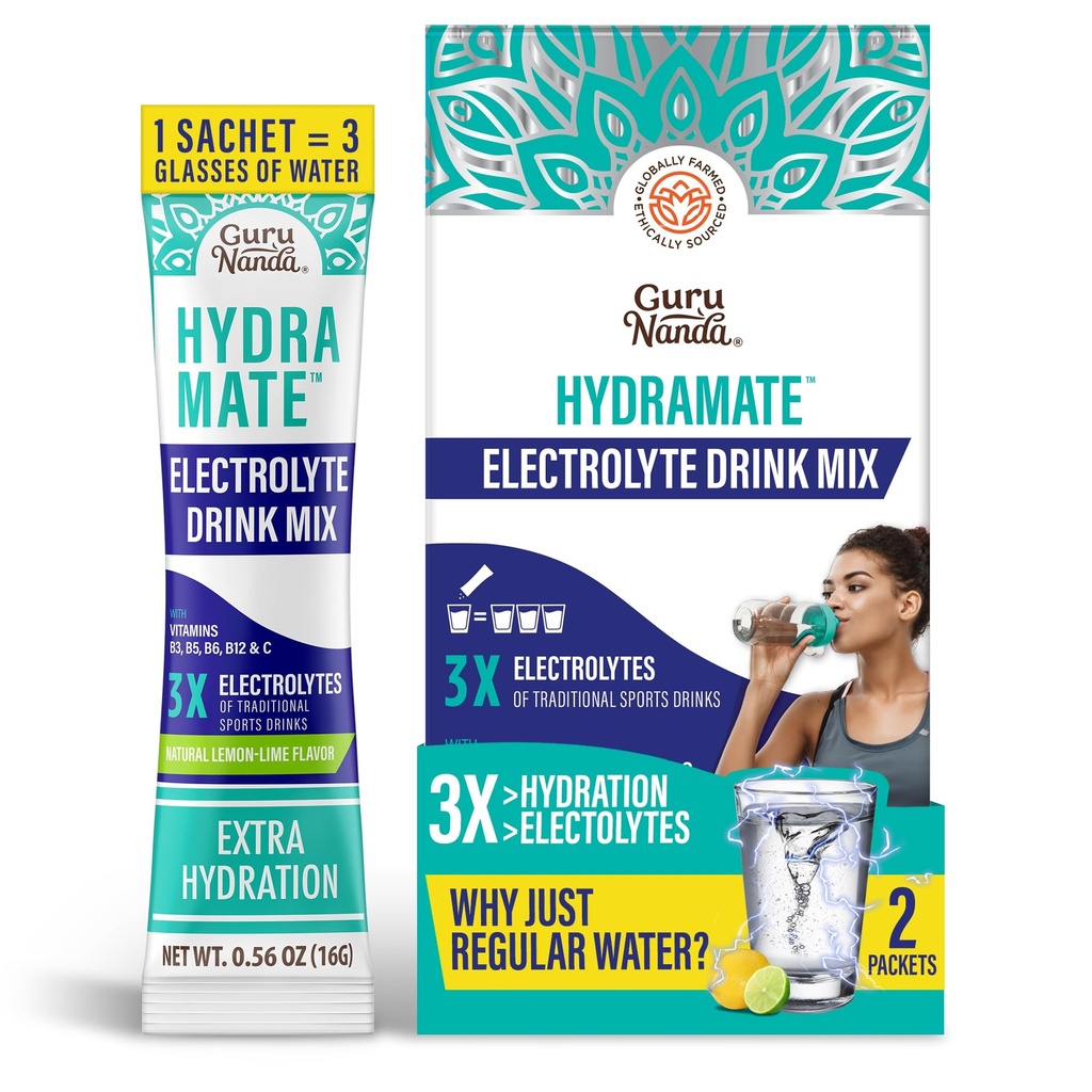 GuruNanda Hydramate Hydration Support Drink Mix - Electrolyte Powder Packets for Dehydration, Exercise & Energy - Nessun Addobbinamento aggiuntivo, Non OGM, Natural Lemon Lime Flavor - 2 Count (0.56 oz Ogni)