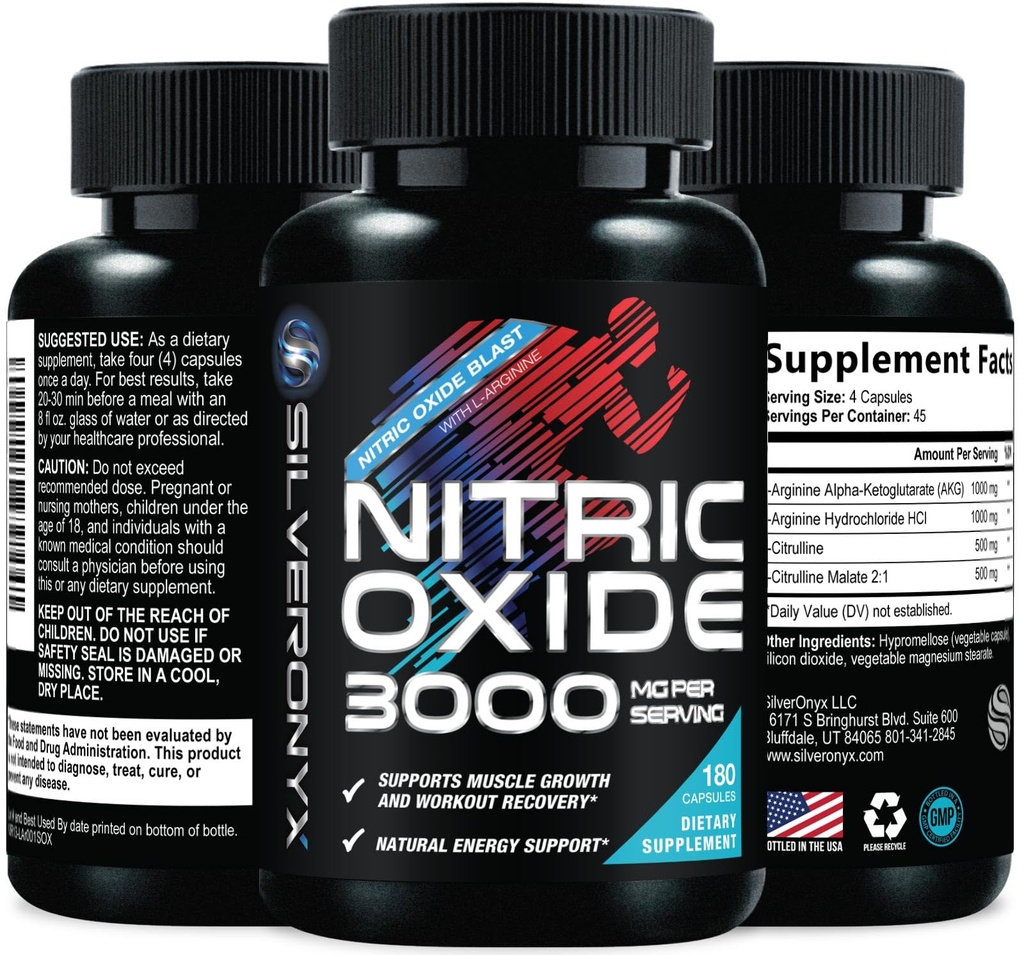 Supplemento di ossido nitrico 3X Forza L Arginina, Citrullina Malato, AAKG, Beta Alanine - Booster nitrico di sostegno del muscolo Premium - Supporto naturale di energia e salute del cuore - 180 capsule